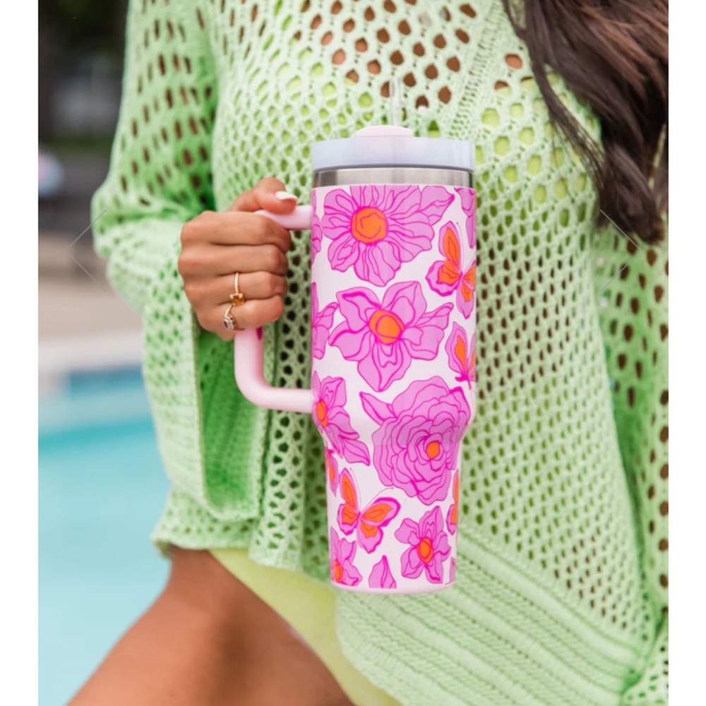 Floral butterfly drink tumbler with lid and straw